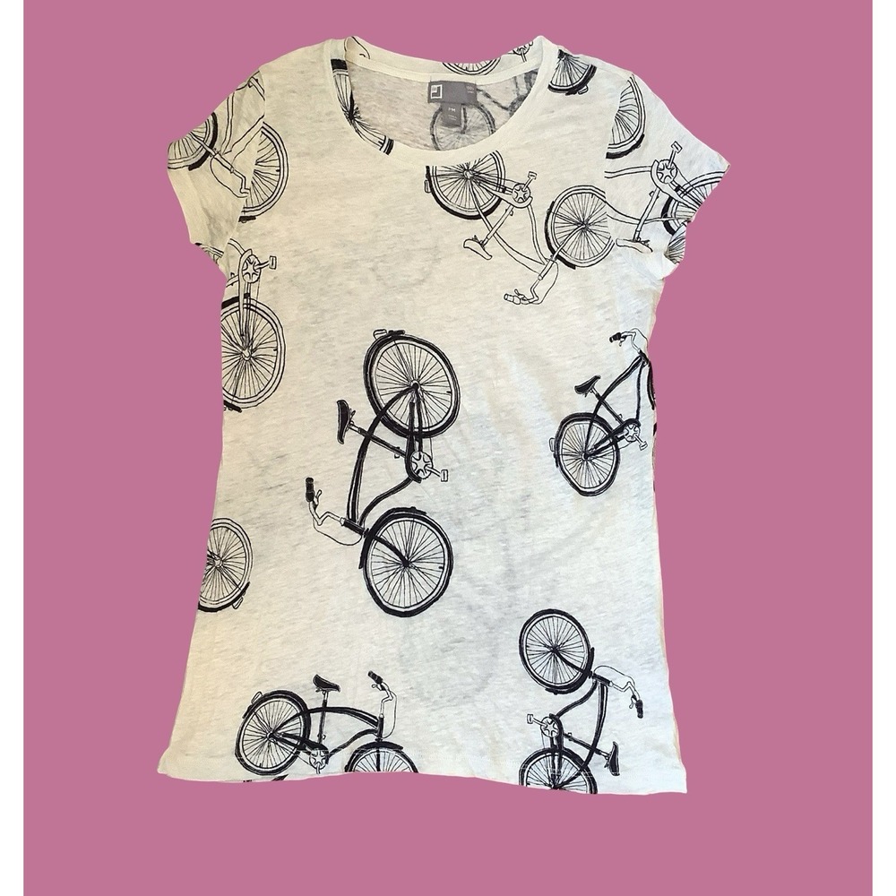 Womens JCPenney 100% Linen Top Graphic Tee Bicycle Print Short Sleeve Shirt PM